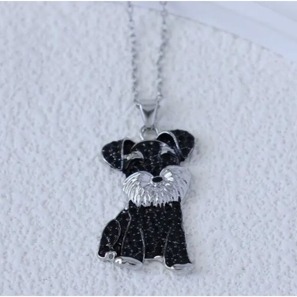 Silver Black Rhinestones Schnauzer Dog Necklace Women Teens - Picture 3 of 3
